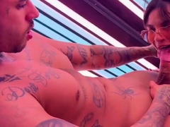 Real Couple Screws In Tanning Booth, Milking Each Other's