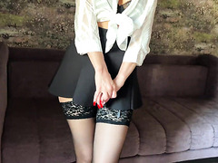 Hot MILF Shows Off Her Sexy Stockings And Fucks Her Hot Pussy With A Rubber Dildo.