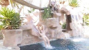 Outdoor Pool Fuck For Lubed Up Teen With Meaty Pussy And Small Tits