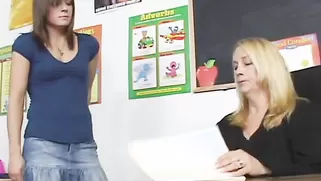 Blonde Teacher And Schoolgirl In Miniskirt Love Spanking